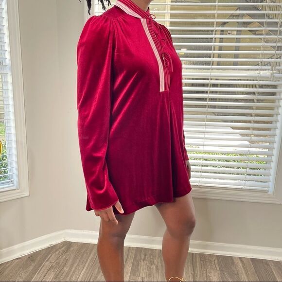 VINTAGE Barad & Co Velvet Velour Nightgown Tie Neck Puff Shoulder Mini Dress - Picture 8 of 16